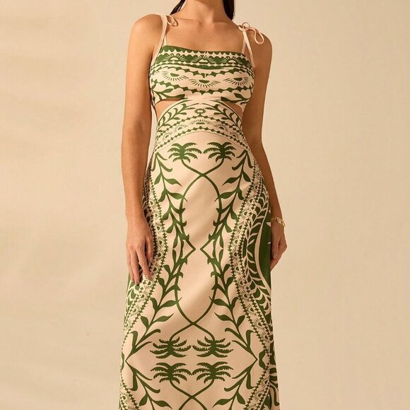 Green Boho Women's Coconut Print Hollow Waist Back Binding Sleeveless Dress - Picture 1 of 7